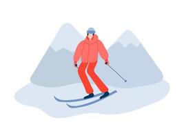 Man skiing in mountains. Vector man in red sport rides on skis. Vector stock illustration.