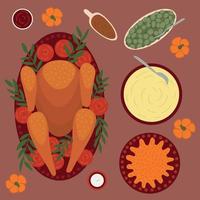 Thanksgiving turkey and another dishes vector flat style table illustration. Thanksgiving menu table top view dishes. Turkey, mashed potatos, beans and pumpkin pie