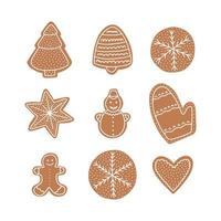 conjunto de Navidad de galleta de jengibre vectorial. galleta navideña de estilo plano en diferentes formas con glaseado blanco, vector