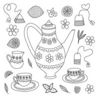 Hand drawn doodle tea collection. Vector tea service hand drawn set