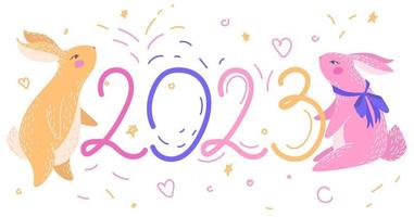 Banner for New Year 2023 in doodle style with rabbits. vector