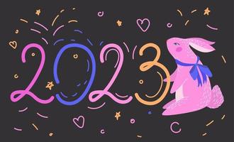 Banner for New Year 2023 in doodle style with rabbits. vector