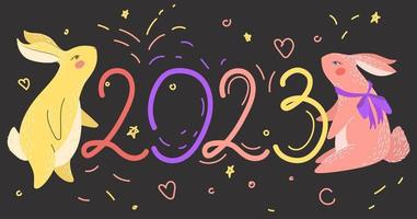 Banner for New Year 2023 in doodle style with rabbits. vector