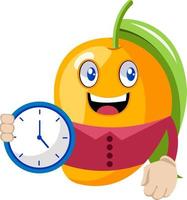 Mango with clock, illustration, vector on white background.
