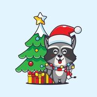 Cute raccoon with christmast lamp. Cute christmas cartoon illustration. vector