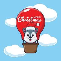 Cute wolf fly with air balloon. Cute christmas cartoon illustration. vector