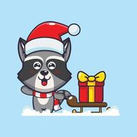 Cute raccoon carrying christmas gift box. Cute christmas cartoon illustration. vector