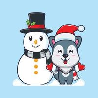 lindo lobo jugando con muñeco de nieve. linda ilustración de dibujos animados de navidad. vector