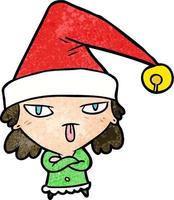 Retro grunge texture cartoon girl wearing christmas hat vector