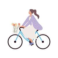 mujer montando bicicleta con cesta vector