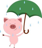 Pig with umbrella, illustration, vector on white background.