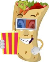 Burrito with popcorn, illustration, vector on white background.