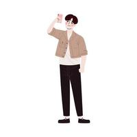 hombre coreano con teléfono inteligente vector