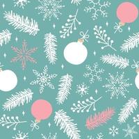 patrón sin costuras de ramas de abeto, copos de nieve y juguetes navideños. ilustración vectorial de navidad. vector