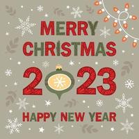 Merry Christmas and Happy New Year 2023 with different winter elements. Cute hand drawn illustration. vector