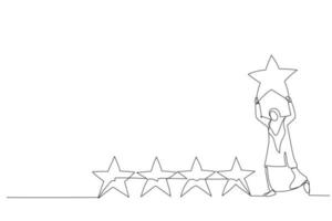 Drawing of muslim woman holding golden yellow star to added to 5 stars rating. Single continuous line art style vector