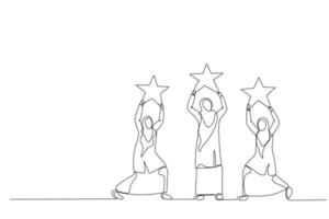 Cartoon of muslim woman holding stars. Metaphor for star rating. One line style art vector