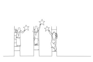 Drawing of muslim woman reach stars with stairs on clouds. Continuous line art vector