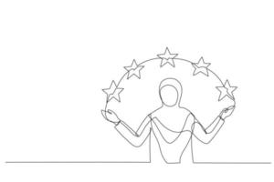 Illustration of muslim woman points to the stars. Metaphor for good customer review. Single continuous line art vector