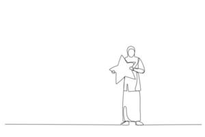 Drawing of muslim woman hugging big star. Metaphor for good review. Continuous line art style vector
