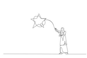 Drawing of muslim woman throws a lasso, catching star. Single continuous line art style vector