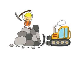 Vector Illustration kids drawing of Construction worker hitting and mining  with pickaxe with buldozer pushing rocks and dirts in a cartoon style