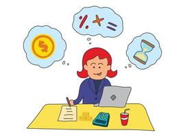 Vector Illustration kids drawing of Female accountant at working place with laptop, money, calculator and documentation in a cartoon style