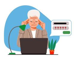 The concept of an elderly person thinking on a laptop. The old man forgot his password and account login for the web page. vector