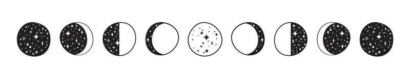 Moon phases silhouettes with stars. Crescent, new, full, surface and eclipse. vector