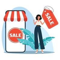 The girl is holding a discount coupon. Shop phone vector