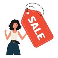 A cute girl is holding a sale coupon. Stylish illustration vector