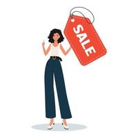 A cute girl is holding a sale coupon vector