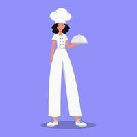 Girl chef, holding a dish in her hand, isolated vector