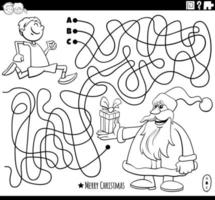 maze with Santa Claus with gift and little boy coloring page vector