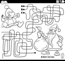 maze with Santa Claus with gifts and little boy coloring page vector