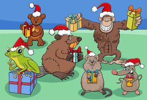 cartoon animal characters group on Christmas time vector