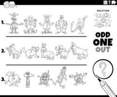 odd one out puzzle with cartoon characters coloring page vector