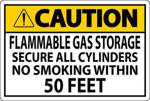 Caution Sign Flammable Gas Storage, Secure All Cylinders, No Smoking Within 50 Feet vector