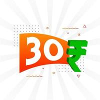 Imagen vectorial de texto en negrita del símbolo de 30 rupias. Ilustración de vector de signo de moneda de 30 rupias indias
