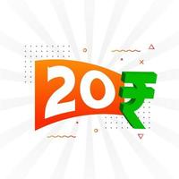 20 Rupee symbol bold text vector image. 20 Indian Rupee currency sign vector illustration