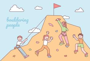 Many people are doing indoor rock climbing. They are going up to the flag. flat vector illustration.