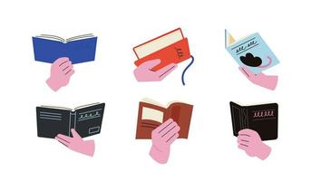 A collection of hands holding an open book. flat vector illustration.