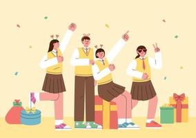 los estudiantes con uniformes escolares están de fiesta alrededor de muchas cajas de regalo. vector