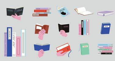 una colección de libros apilados, flores en una estantería y manos sosteniendo libros abiertos. ilustración vectorial plana. vector