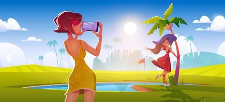Girl take photo of woman on golf course vector