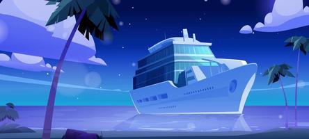 Tropical beach and cruise ship in sea at night vector