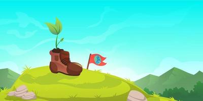 Plant sprout in old boot and flag with Earth vector