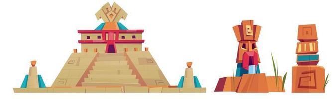 Aztec pyramids and statues, mayan city monuments vector