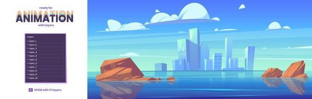 fondo de paralaje con lago y ciudad en el horizonte vector