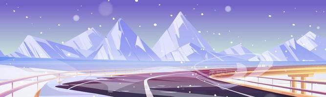Car overpass road, frozen lake, snow and mountains vector